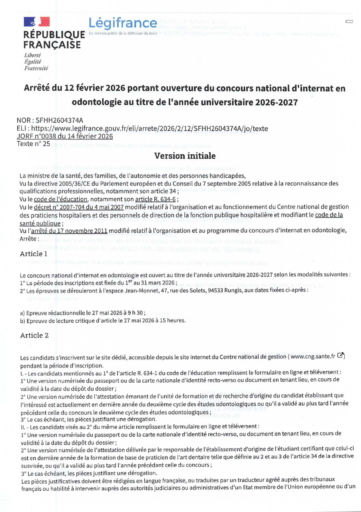 Arrêté concours 2026-27